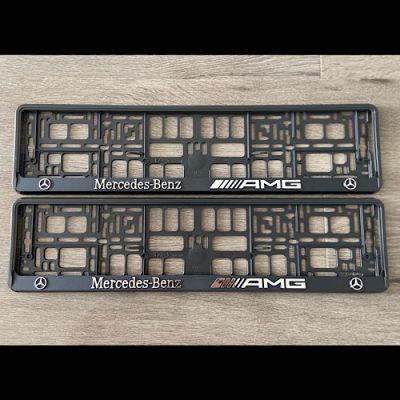 Mercedes Benz AMG Black Number Plate Holders Surrounds Embossed (Front & Rear)